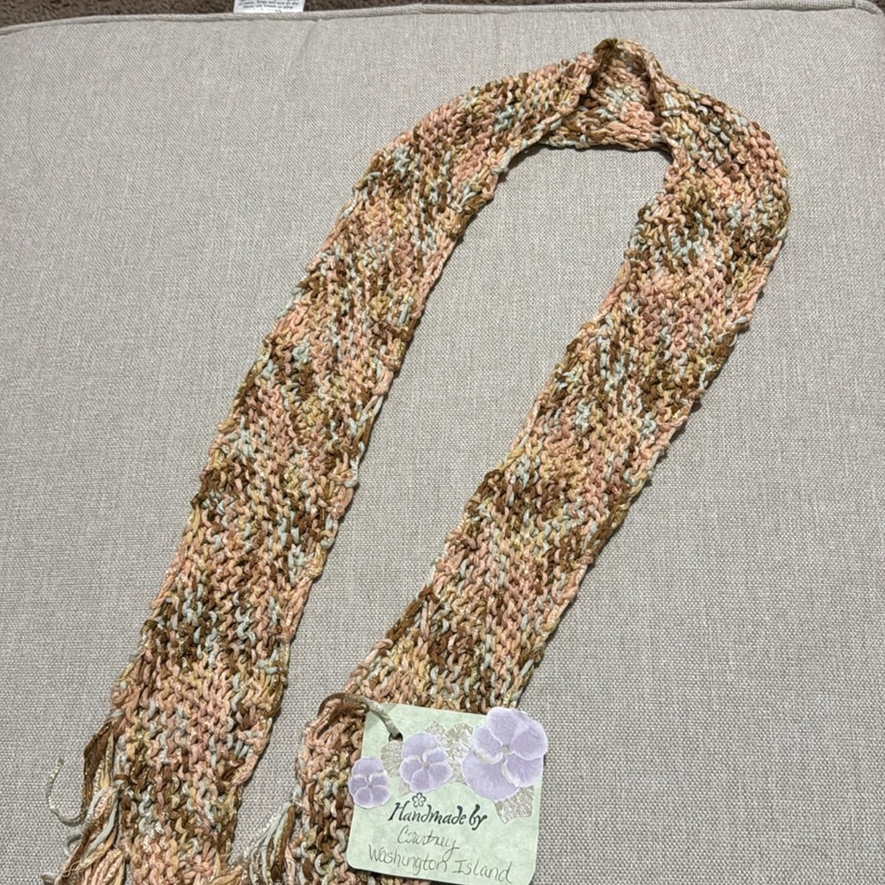 Handmade Scarf NWT Cotton/Nylon Blend-Tan/Brown/Peach/Pale Blue - Picture 6 of 11